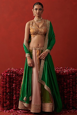 Multi-Colored Tissue Jacquard Gota Embroidered Lehenga Set by RASHIKA MITTAL