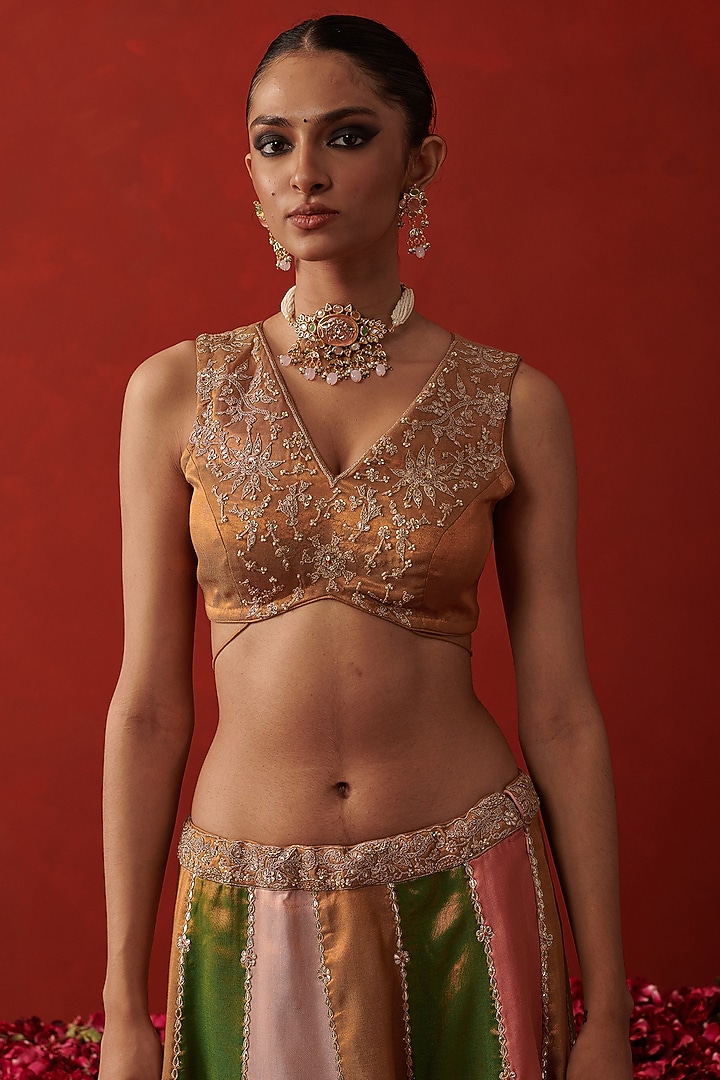 Multi-Colored Tissue Jacquard Gota Embroidered Wedding Lehenga Set by RASHIKA MITTAL at Pernia's Pop Up Shop