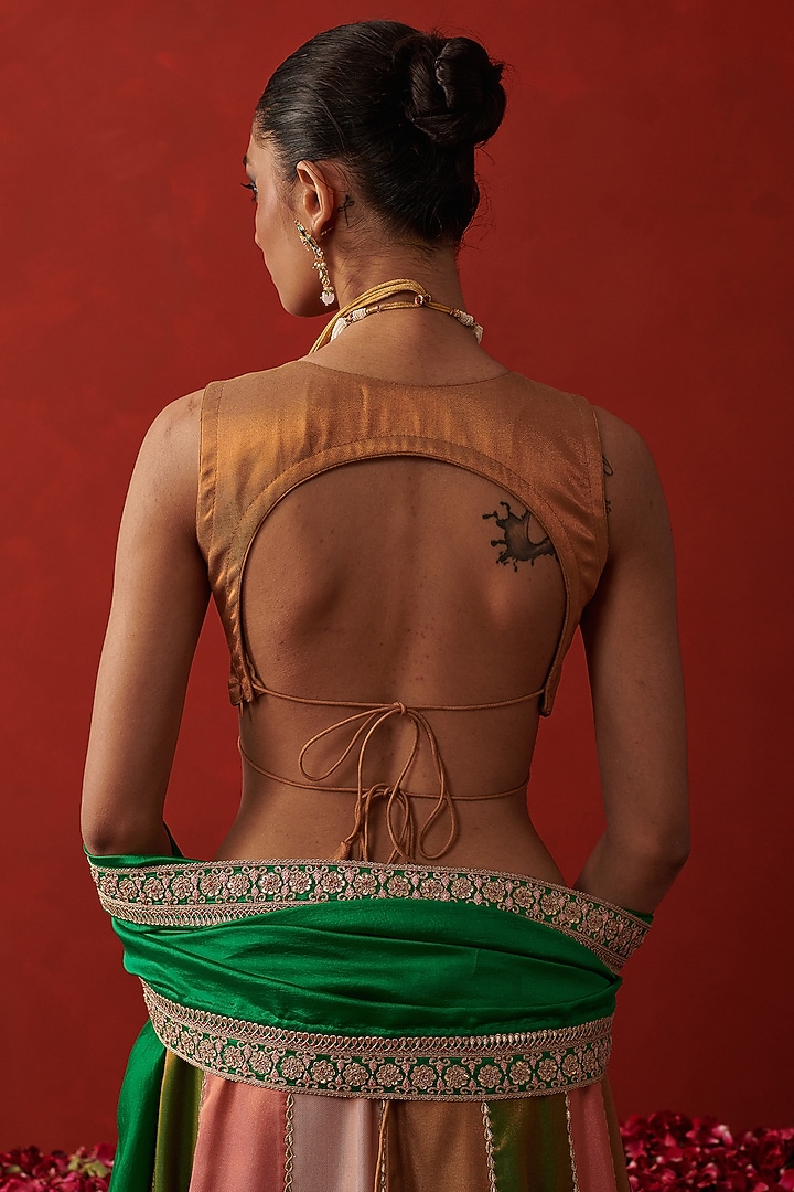 Multi-Colored Tissue Jacquard Gota Embroidered Wedding Lehenga Set by RASHIKA MITTAL at Pernia's Pop Up Shop