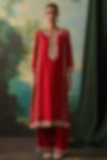 Deep Red Silk Gota Patti Embroidered Kurta Set by RASHIKA MITTAL at Pernia's Pop Up Shop
