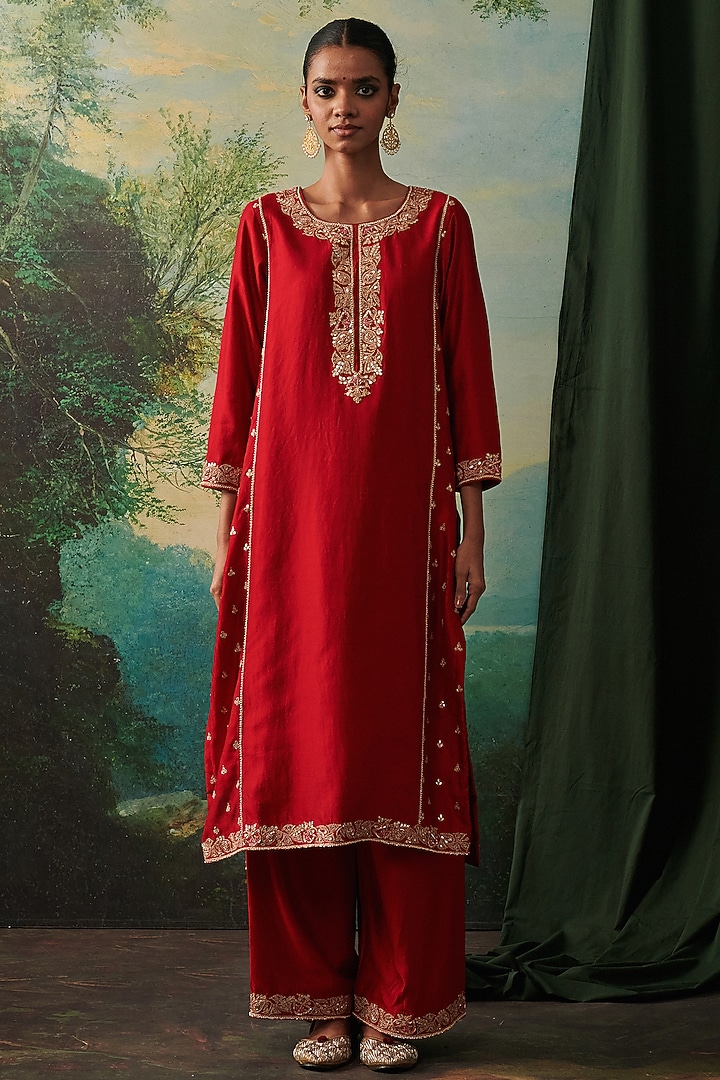Deep Red Silk Gota Patti Embroidered Kurta Set by RASHIKA MITTAL at Pernia's Pop Up Shop