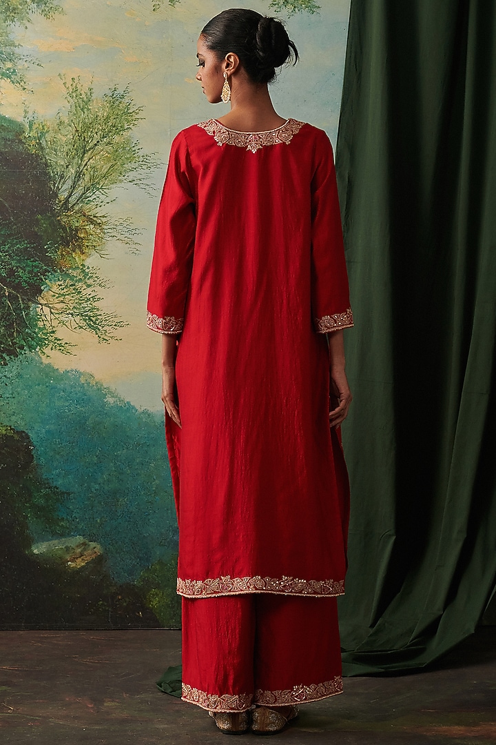 Deep Red Silk Gota Patti Embroidered Kurta Set by RASHIKA MITTAL at Pernia's Pop Up Shop