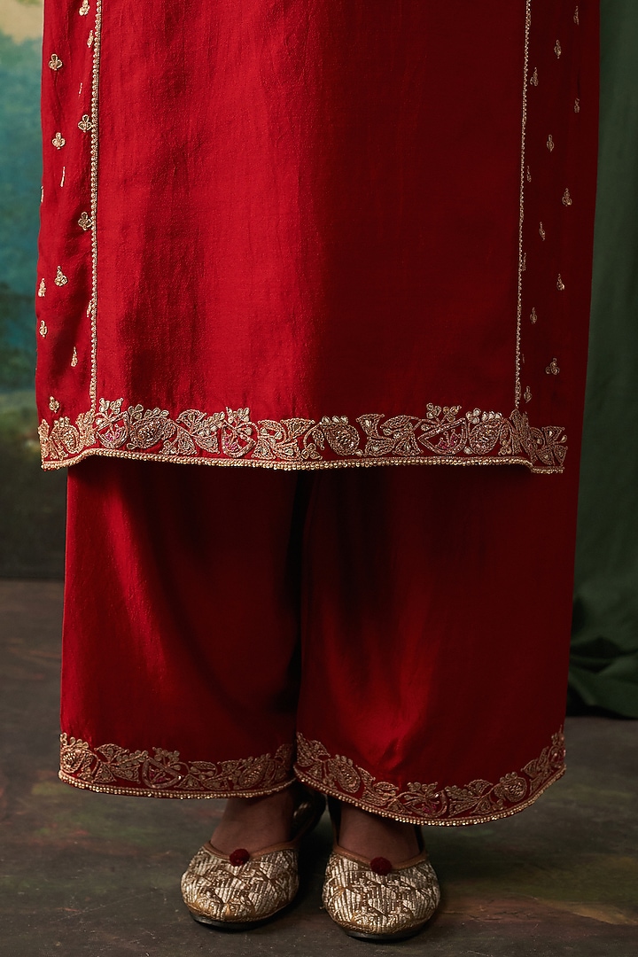 Deep Red Silk Gota Patti Embroidered Kurta Set by RASHIKA MITTAL at Pernia's Pop Up Shop