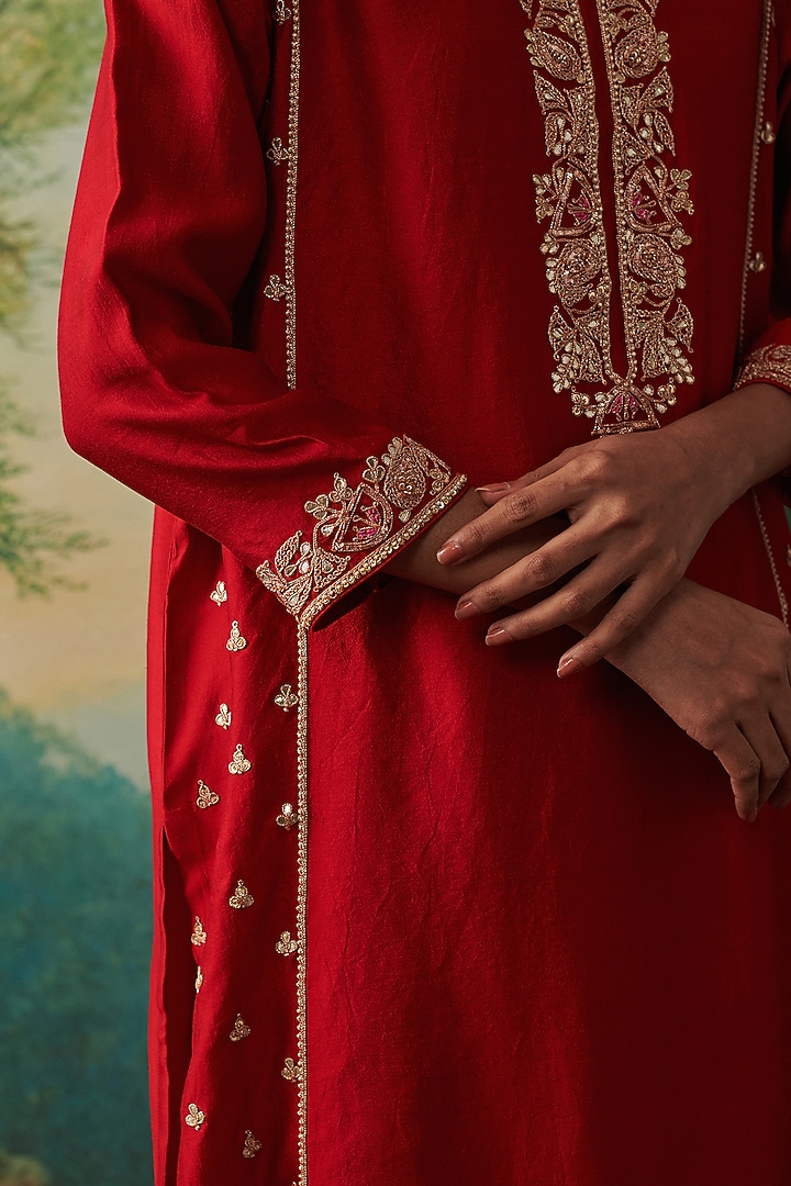 Deep Red Silk Gota Patti Embroidered Kurta Set by RASHIKA MITTAL at Pernia's Pop Up Shop