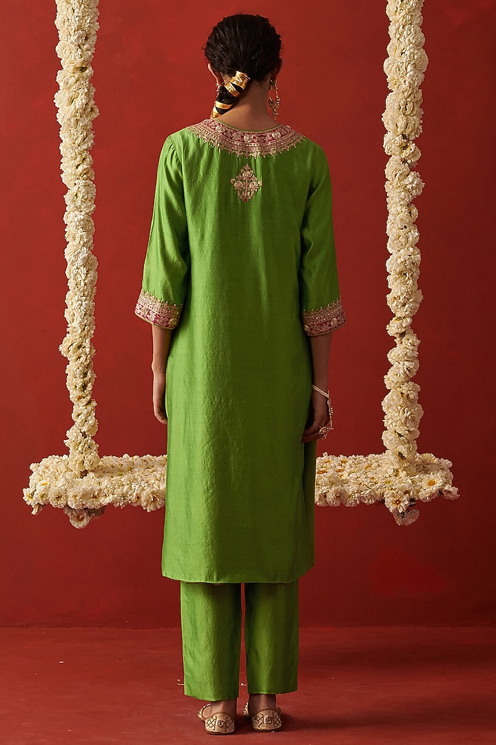 Green Silk Marodi & Sequin Embroidered Kurta Set by RASHIKA MITTAL at Pernia's Pop Up Shop