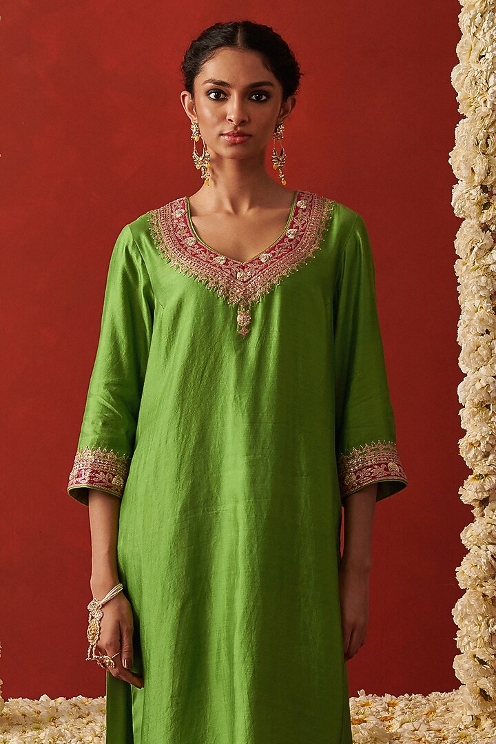 Green Silk Marodi & Sequin Embroidered Kurta Set by RASHIKA MITTAL at Pernia's Pop Up Shop