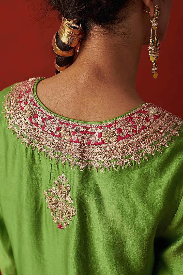 Green Silk Marodi & Sequin Embroidered Kurta Set by RASHIKA MITTAL at Pernia's Pop Up Shop