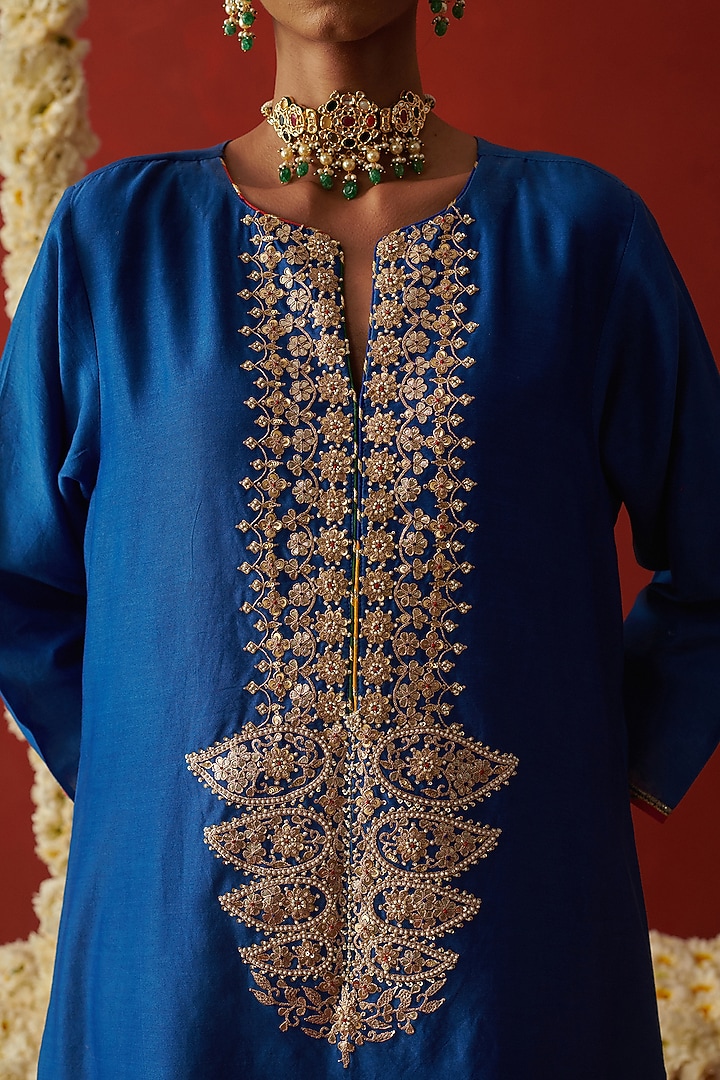 Blue Chanderi Floral Jaal Embroidered Kurta Set by RASHIKA MITTAL at Pernia's Pop Up Shop