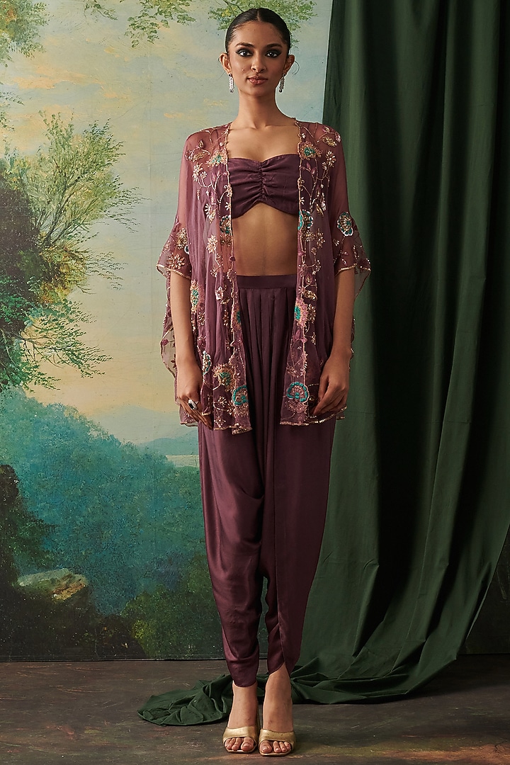 Wine Organza & Silk Sequin Embroidered Cape Set by RASHIKA MITTAL at Pernia's Pop Up Shop