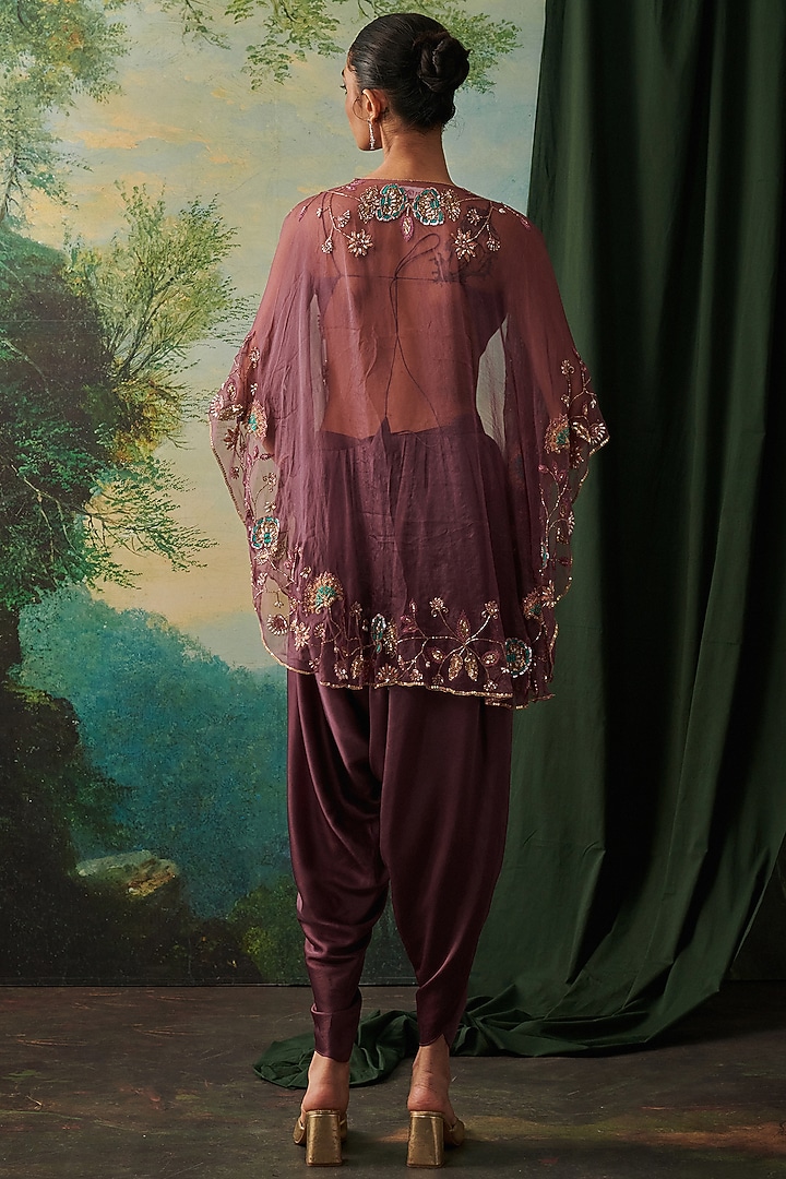 Wine Organza & Silk Sequin Embroidered Cape Set by RASHIKA MITTAL at Pernia's Pop Up Shop