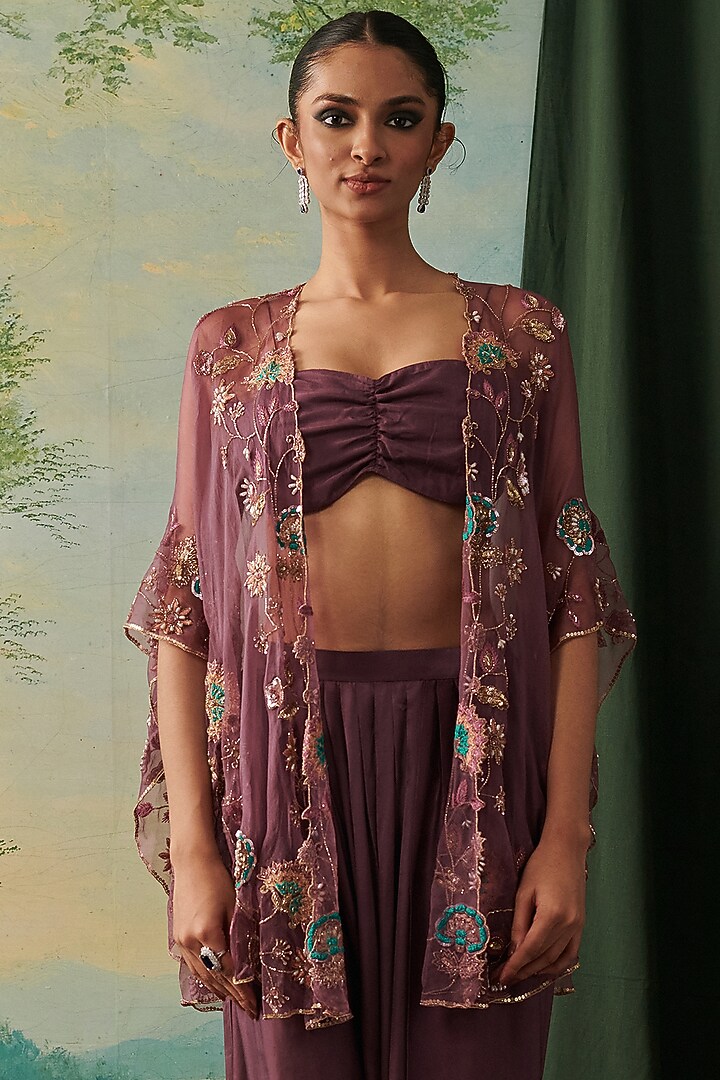 Wine Organza & Silk Sequin Embroidered Cape Set by RASHIKA MITTAL at Pernia's Pop Up Shop