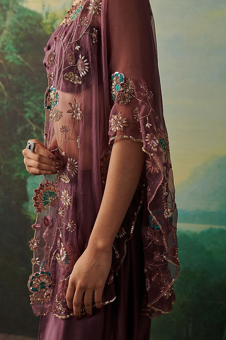 Wine Organza & Silk Sequin Embroidered Cape Set by RASHIKA MITTAL at Pernia's Pop Up Shop