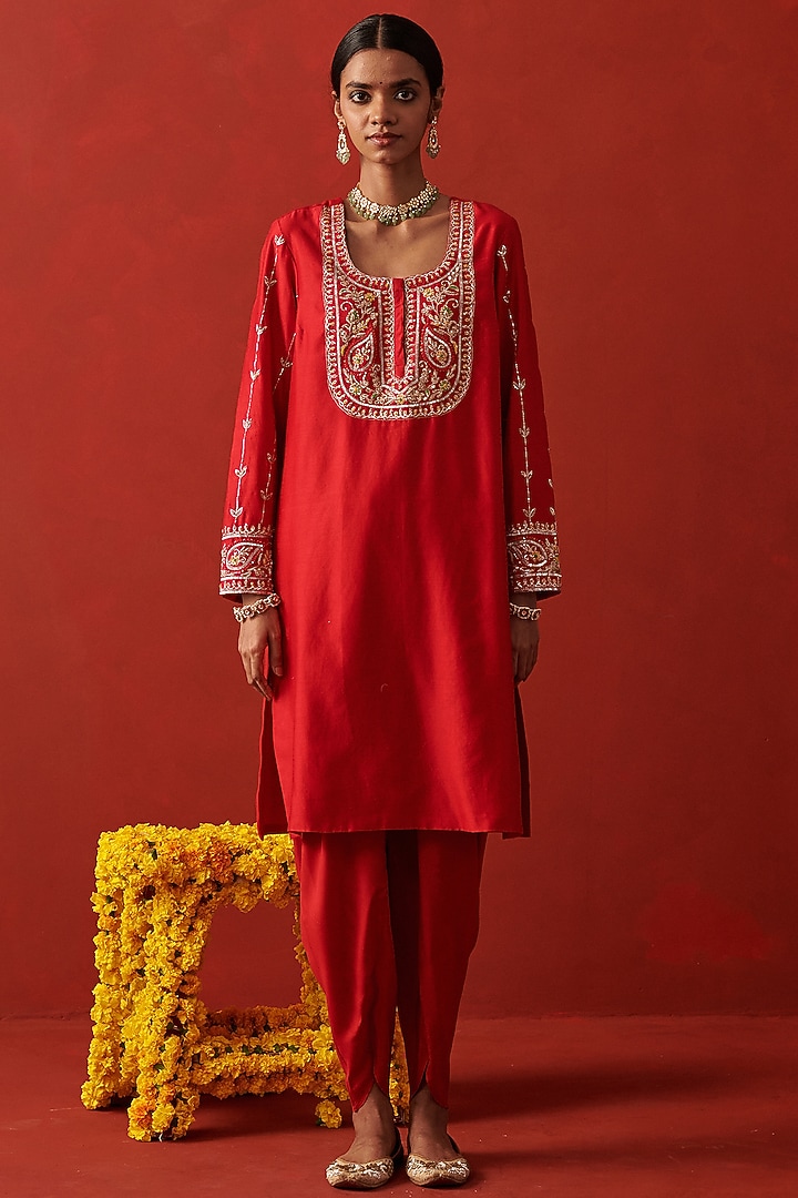 Red Chanderi Sequin Hand Embroidered Kurta Set by RASHIKA MITTAL at Pernia's Pop Up Shop