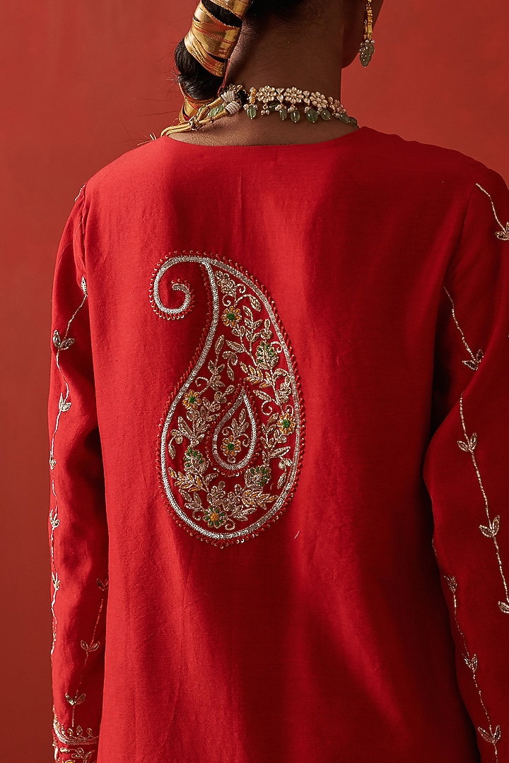 Red Chanderi Sequin Hand Embroidered Kurta Set by RASHIKA MITTAL at Pernia's Pop Up Shop