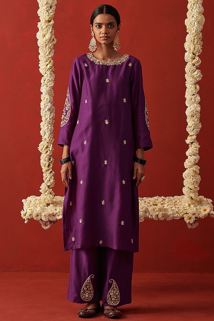 Purple Chanderi Zardosi Embroidered Kurta Set by RASHIKA MITTAL at Pernia's Pop Up Shop