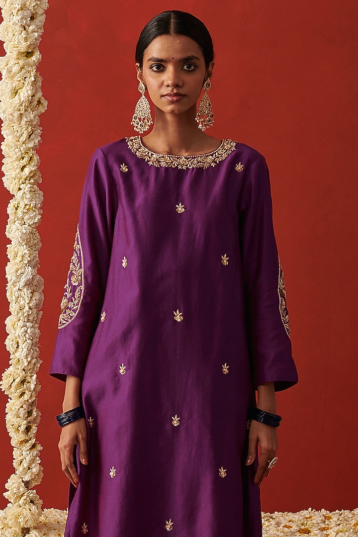 Purple Chanderi Zardosi Embroidered Kurta Set by RASHIKA MITTAL at Pernia's Pop Up Shop