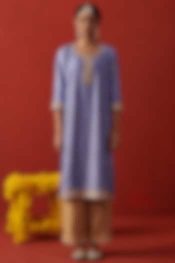 Soft Blue Silk Gota Patti Hand Embroidered Kurta Set by RASHIKA MITTAL at Pernia's Pop Up Shop