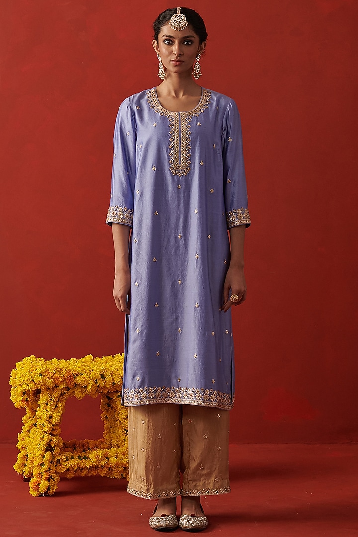 Soft Blue Silk Gota Patti Hand Embroidered Kurta Set by RASHIKA MITTAL at Pernia's Pop Up Shop