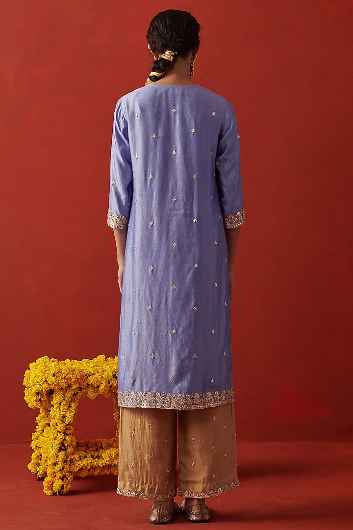 Soft Blue Silk Gota Patti Hand Embroidered Kurta Set by RASHIKA MITTAL at Pernia's Pop Up Shop