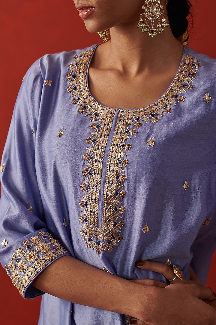 Soft Blue Silk Gota Patti Hand Embroidered Kurta Set by RASHIKA MITTAL at Pernia's Pop Up Shop