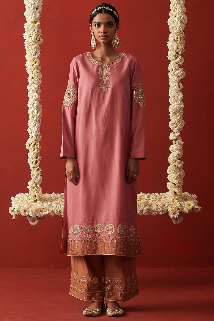 Blush Pink Silk Marodi Embroidered Kurta Set by RASHIKA MITTAL at Pernia's Pop Up Shop