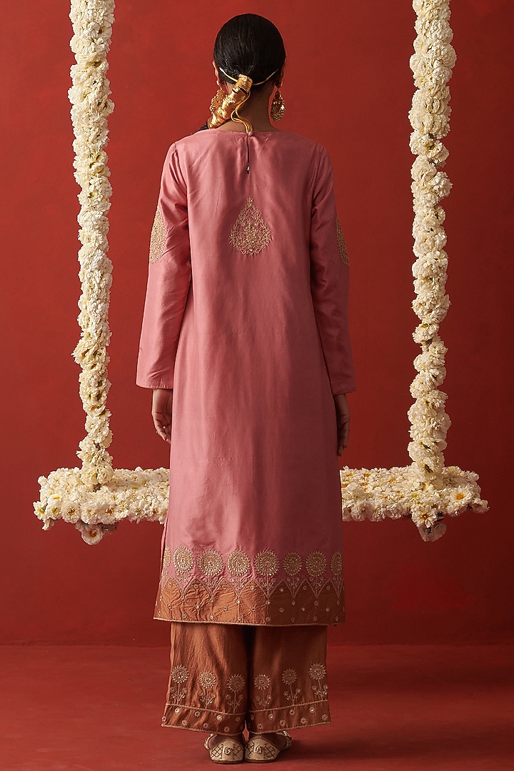 Blush Pink Silk Marodi Embroidered Kurta Set by RASHIKA MITTAL at Pernia's Pop Up Shop