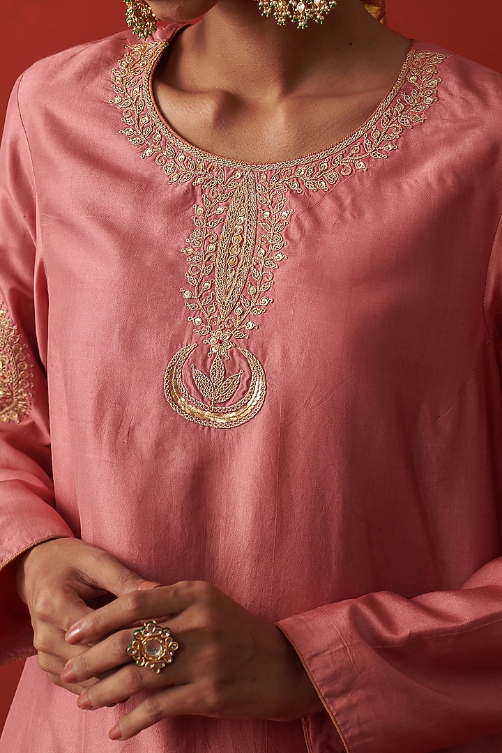 Blush Pink Silk Marodi Embroidered Kurta Set by RASHIKA MITTAL at Pernia's Pop Up Shop