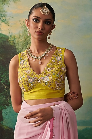 Yellow Silk Cutdana Hand Embroidered Blouse by RASHIKA MITTAL