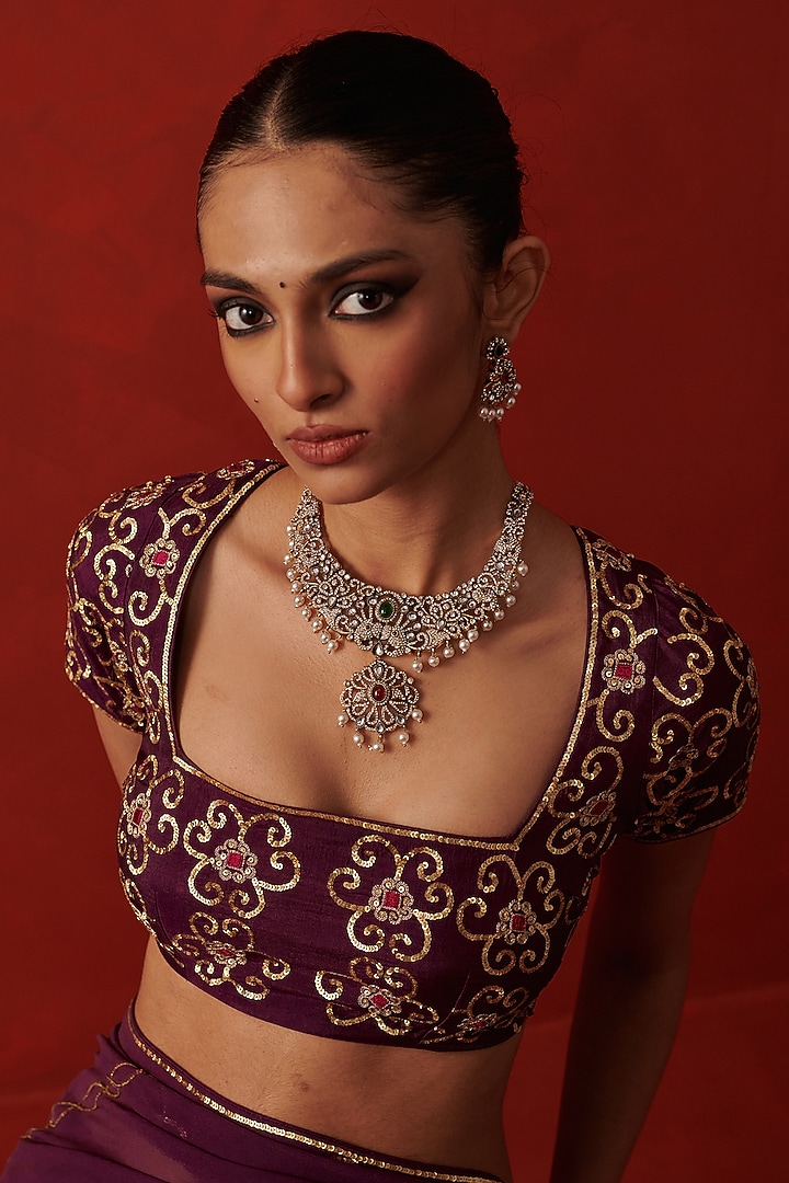 Wine Silk Sequin Hand Embroidered Blouse by RASHIKA MITTAL at Pernia's Pop Up Shop