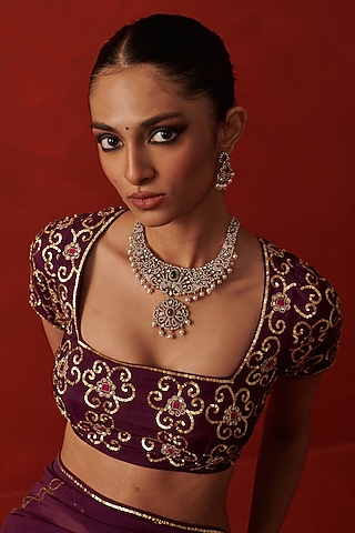 Wine Silk Sequin Hand Embroidered Blouse by RASHIKA MITTAL