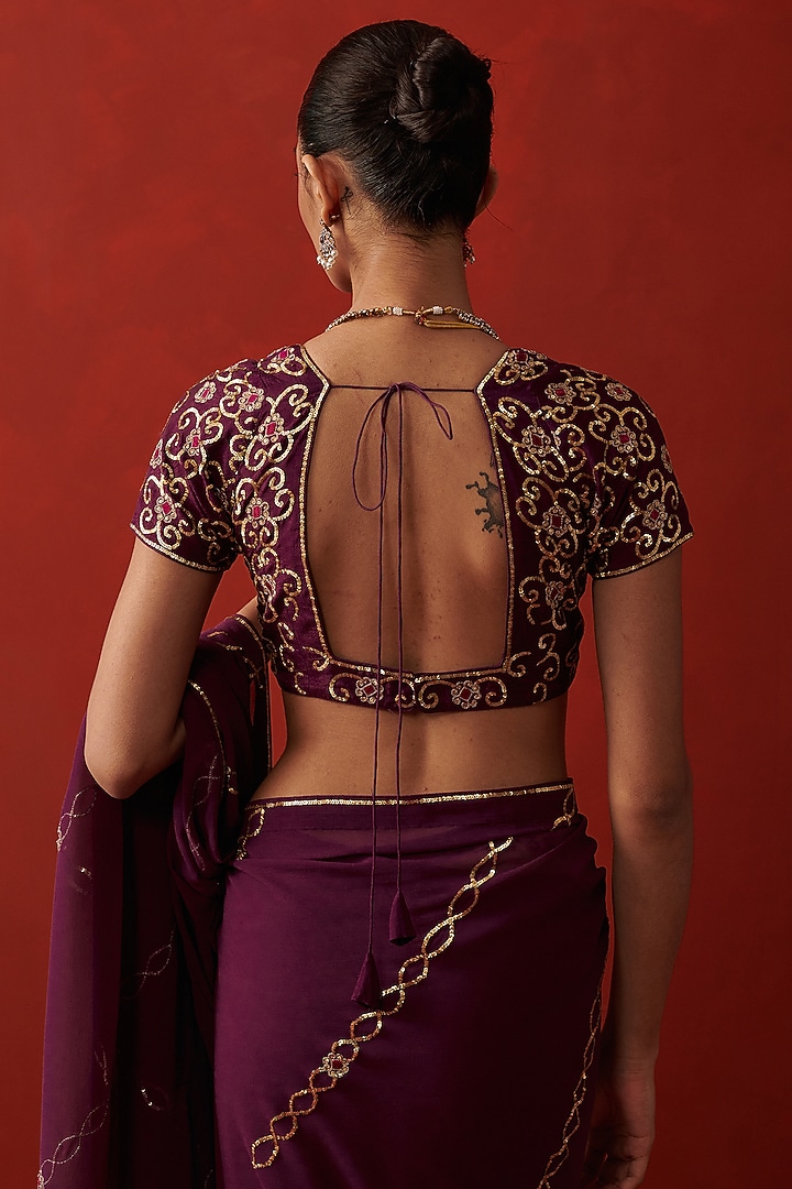 Wine Silk Sequin Hand Embroidered Blouse by RASHIKA MITTAL at Pernia's Pop Up Shop