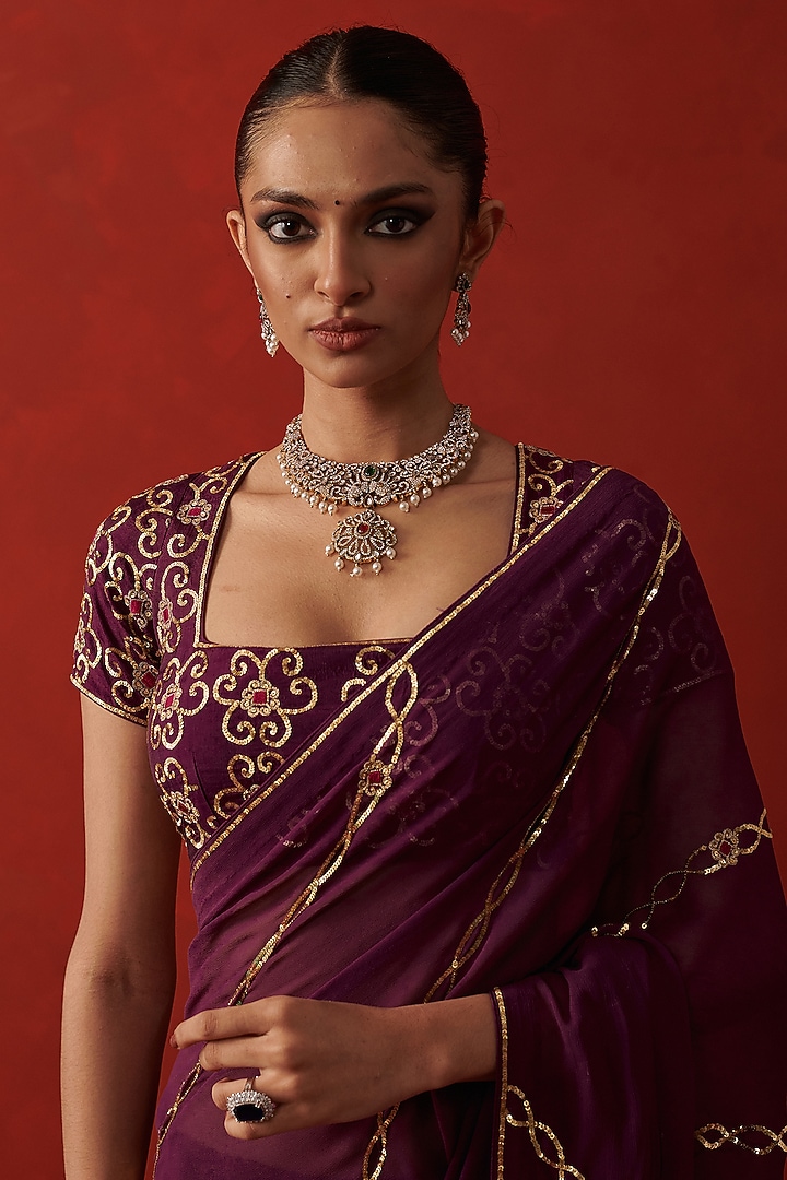 Wine Silk Sequin Hand Embroidered Blouse by RASHIKA MITTAL at Pernia's Pop Up Shop