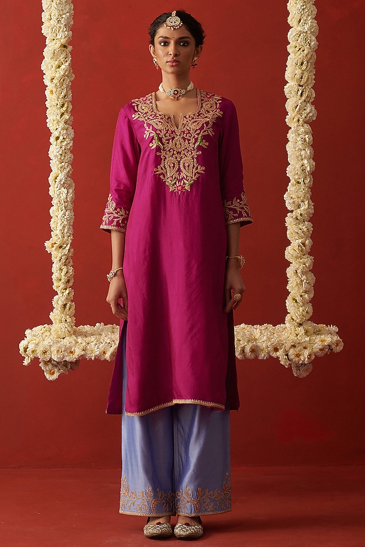 Magenta Silk Sequin & Thread Embroidered Kurta Set by RASHIKA MITTAL at Pernia's Pop Up Shop