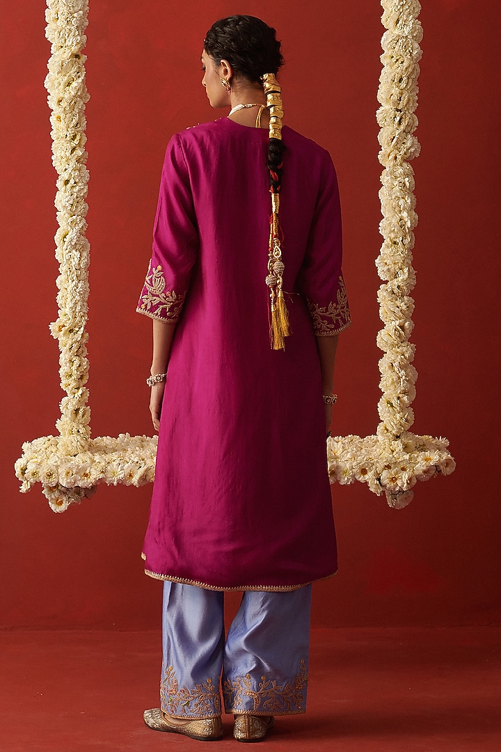 Magenta Silk Sequin & Thread Embroidered Kurta Set by RASHIKA MITTAL at Pernia's Pop Up Shop