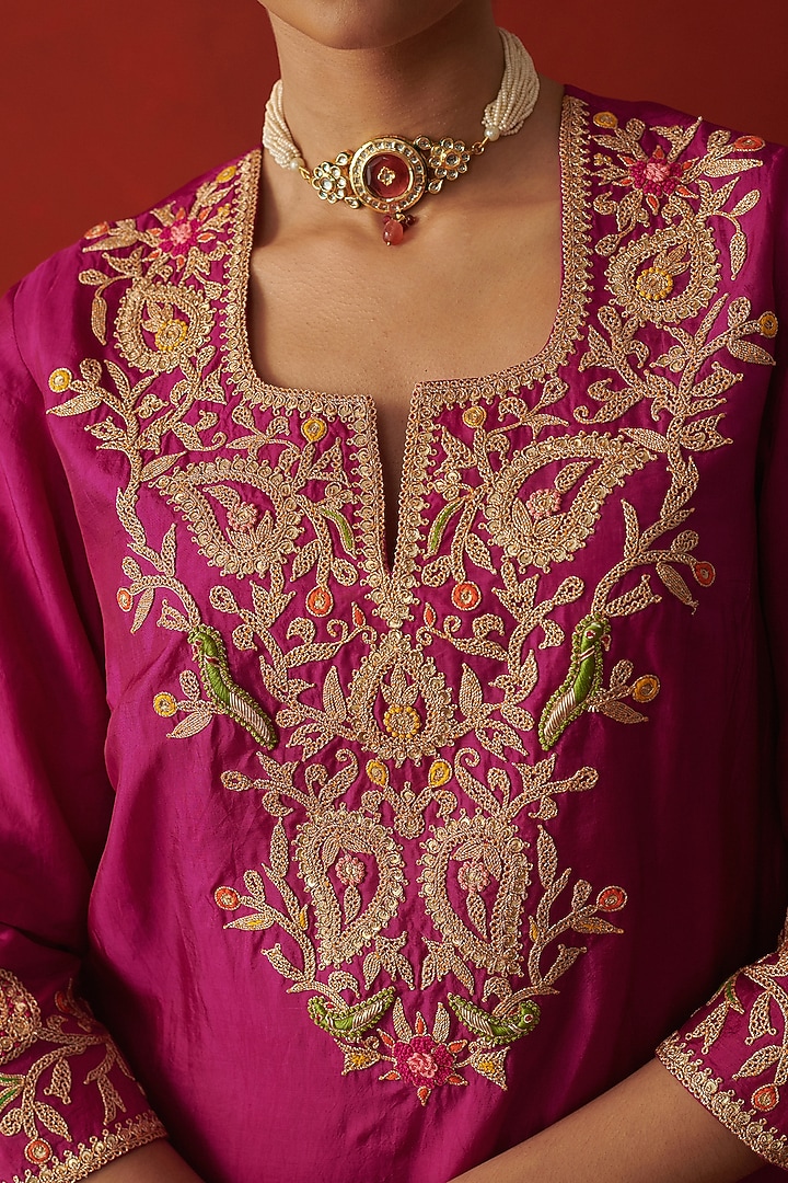 Magenta Silk Sequin & Thread Embroidered Kurta Set by RASHIKA MITTAL at Pernia's Pop Up Shop