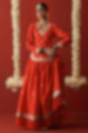 Sindoori Orange Brocade Silk Gota Hand Embroidered Wedding Lehenga Set by RASHIKA MITTAL at Pernia's Pop Up Shop