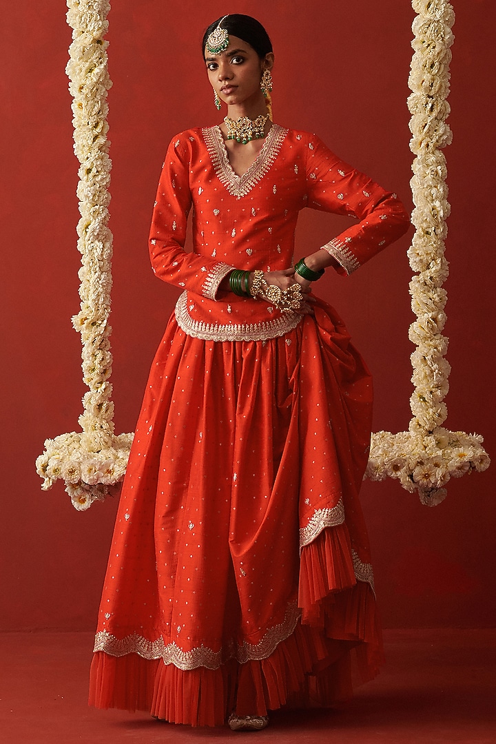 Sindoori Orange Brocade Silk Gota Hand Embroidered Wedding Lehenga Set by RASHIKA MITTAL at Pernia's Pop Up Shop