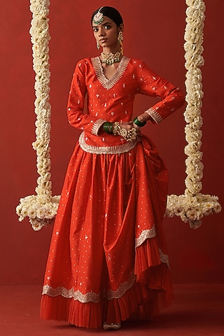 Sindoori Orange Brocade Silk Gota Hand Embroidered Lehenga Set by RASHIKA MITTAL
