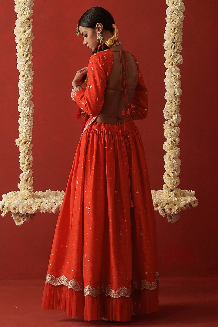 Sindoori Orange Brocade Silk Gota Hand Embroidered Wedding Lehenga Set by RASHIKA MITTAL at Pernia's Pop Up Shop