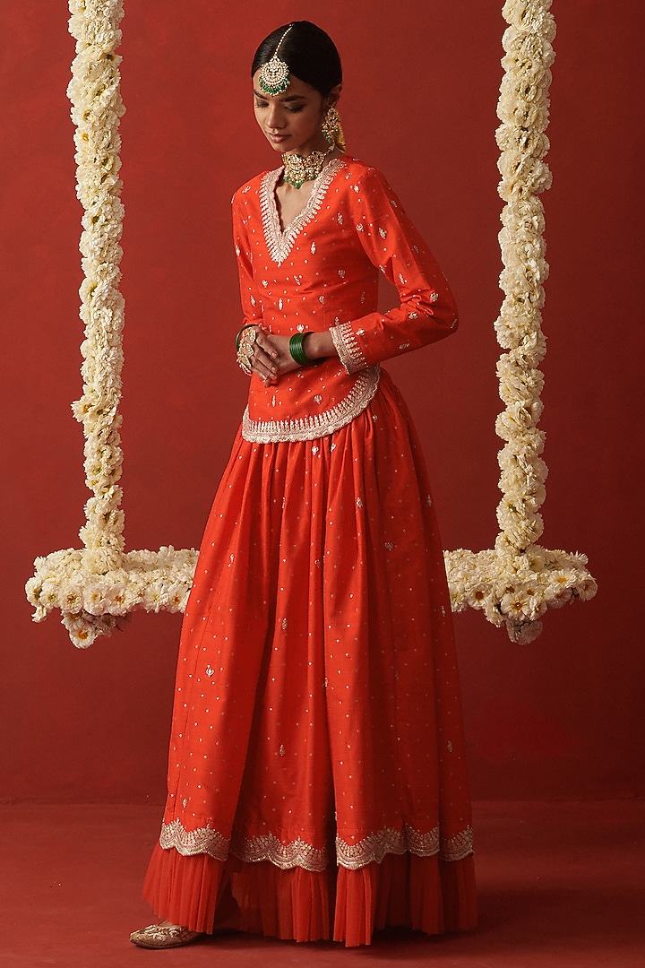 Sindoori Orange Brocade Silk Gota Hand Embroidered Wedding Lehenga Set by RASHIKA MITTAL at Pernia's Pop Up Shop
