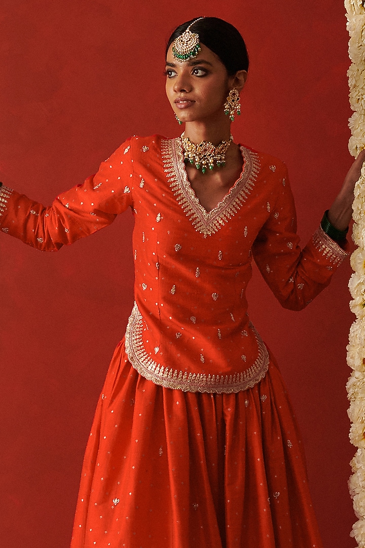 Sindoori Orange Brocade Silk Gota Hand Embroidered Wedding Lehenga Set by RASHIKA MITTAL at Pernia's Pop Up Shop