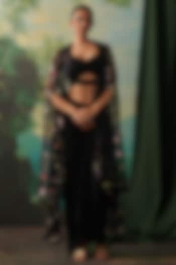 Black Organza Sequin Embroidered Cape Set by RASHIKA MITTAL at Pernia's Pop Up Shop