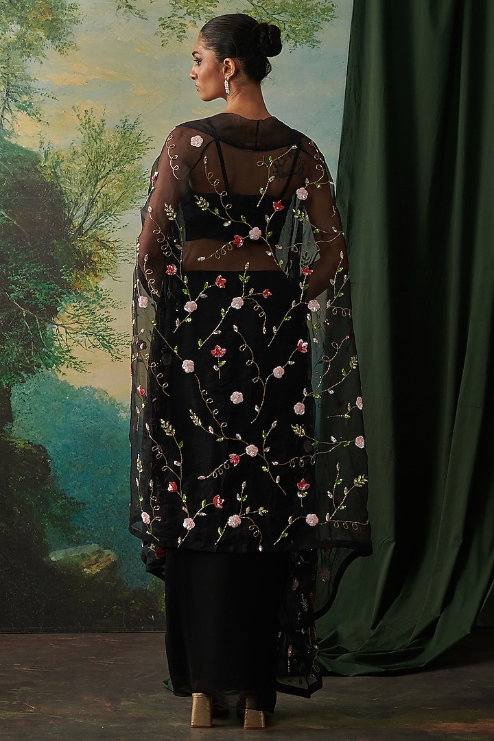 Black Organza Sequin Embroidered Cape Set by RASHIKA MITTAL at Pernia's Pop Up Shop