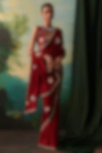 Deep Red Chiffon Sequin Hand Embroidered Wedding Saree by RASHIKA MITTAL at Pernia's Pop Up Shop