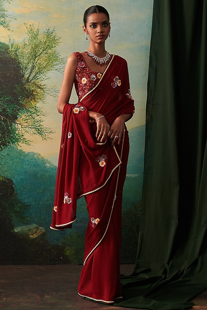 Deep Red Chiffon Sequin Hand Embroidered Wedding Saree by RASHIKA MITTAL at Pernia's Pop Up Shop