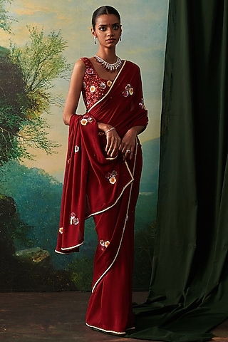 Deep Red Chiffon Sequin Hand Embroidered Saree by RASHIKA MITTAL