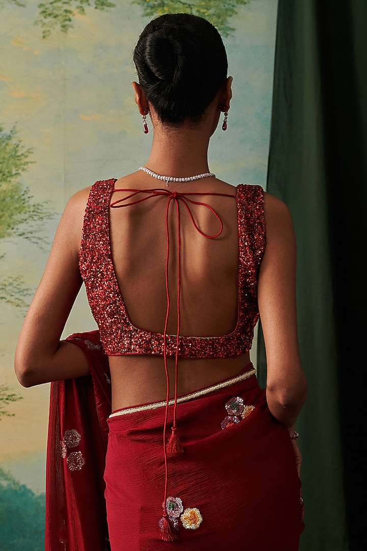 Deep Red Chiffon Sequin Hand Embroidered Party Wear Saree by RASHIKA MITTAL at Pernia's Pop Up Shop