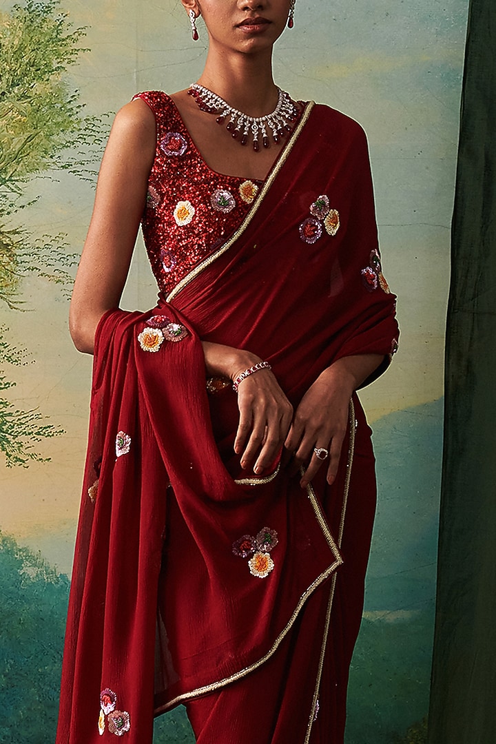 Deep Red Chiffon Sequin Hand Embroidered Party Wear Saree by RASHIKA MITTAL at Pernia's Pop Up Shop