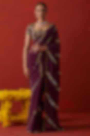 Wine Georgette Floral Jaal Embroidered Party Wear Saree by RASHIKA MITTAL at Pernia's Pop Up Shop