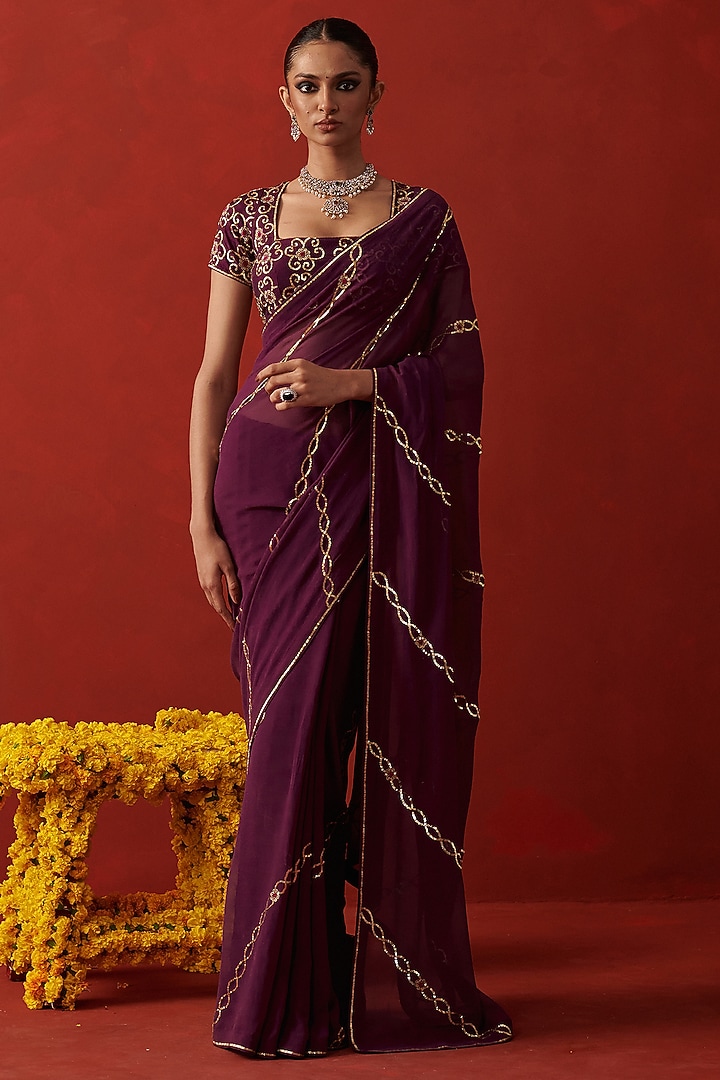 Wine Georgette Floral Jaal Embroidered Party Wear Saree by RASHIKA MITTAL at Pernia's Pop Up Shop